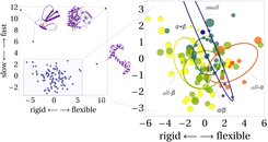 Figure 3: Projection of the dynasome onto descriptors 1 and 2. Each point represents one protein. Protein dynamics as described by dynasome descriptors 1 and 2. The axes labels indicate which dynamics properties are mainly described by the respective descriptor. The inset focuses on the lower left region and is colored according to SCOP structure classes. Ellipses indicate the distributions of structure classes; Large thin ellipses denote standard deviations of the distributions, small thick ellipses the standard deviations of their mean.