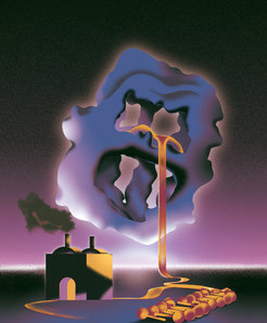 The illustration shows how the FAS of yeast fungi produces fatty acids, symbolized as oil river. One of the two branches of the river slowly transforms into the major cellular end-product of fatty acid synthesis – the biomembrane. The second branch of the oil river illustrates the emerging application of fatty acid synthases in biotechnology and industry.