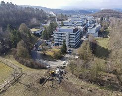 Aerial photo of the pond construction site at the MPI for Biophysical Chemistry
