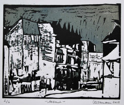 Holzschnitt mit dem Titel "Abbruch" von Ulrich Hollmann.