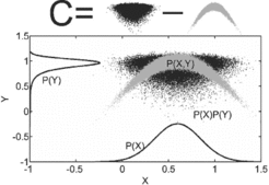 Imagine you observed the gray joint distribution of two variables. From this compute the hypothetical joint distribution (black), you would observe if the variables were uncorrelated. The volume difference (quantified in terms of entropy) of both distributions, the gray and the black, gives you the generalized correlation measure.