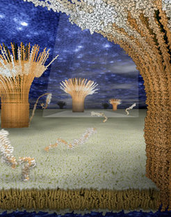 The artistic model shows the self-organization of syntaxin-1 molecules into clusters. While most syntaxins are assembled in such clusters, single molecules diffuse freely between the clusters. Tools: Adobe Photoshop.